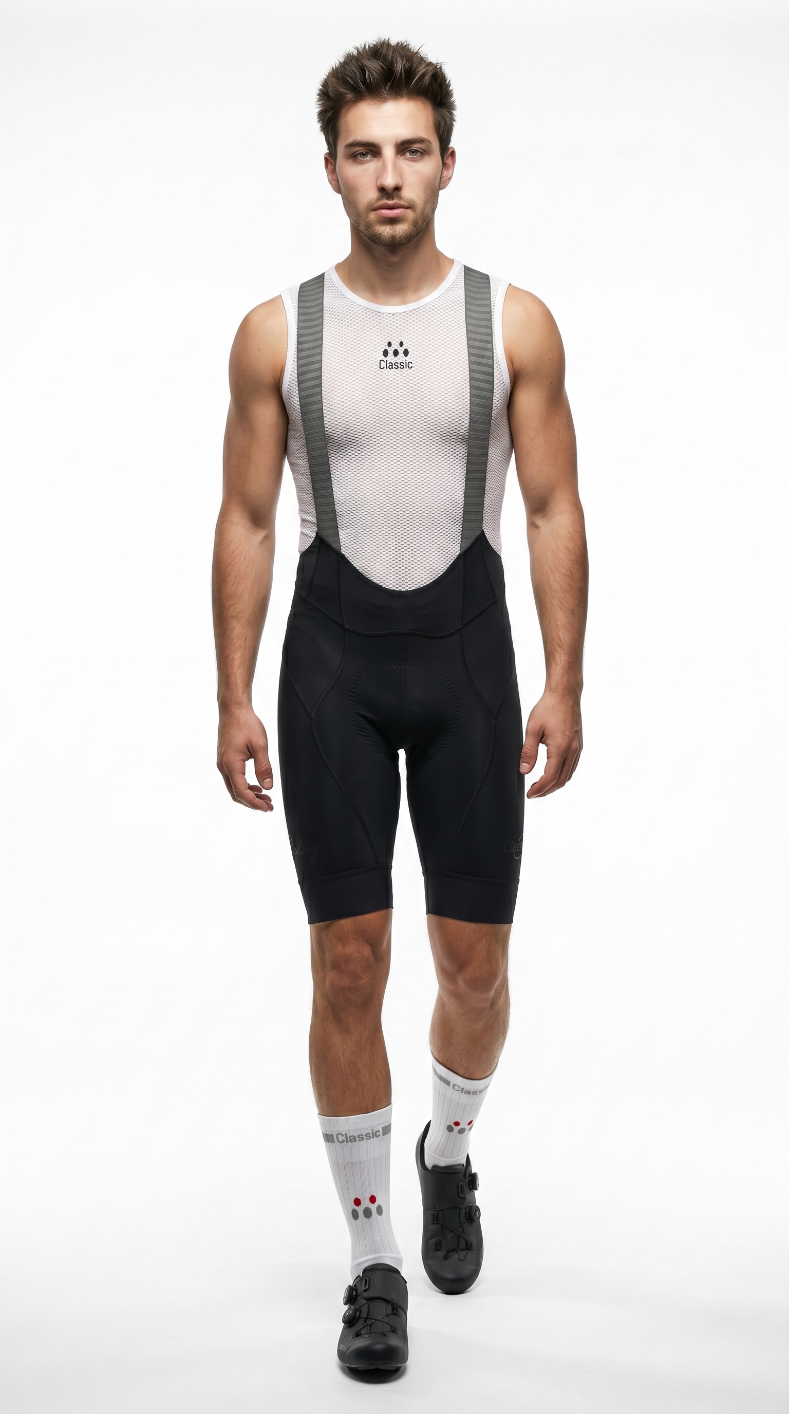 High End luxury classic men's cycling bib shorts VeloPrima Black on cyclist